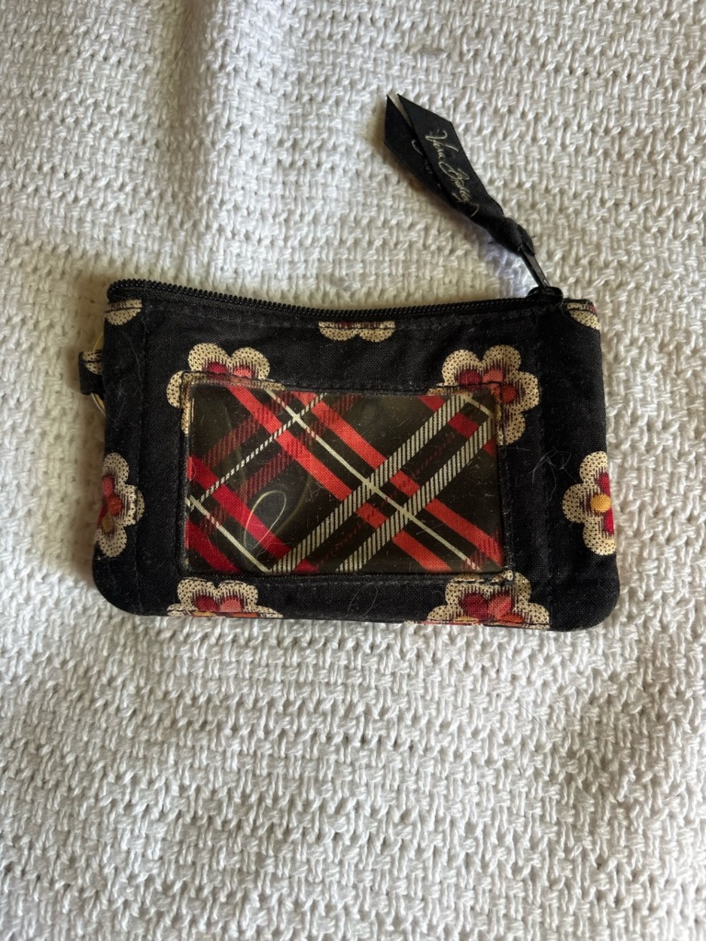 Vera Bradley Black Floral Zip ID Pouch with Red Plaid Accent
